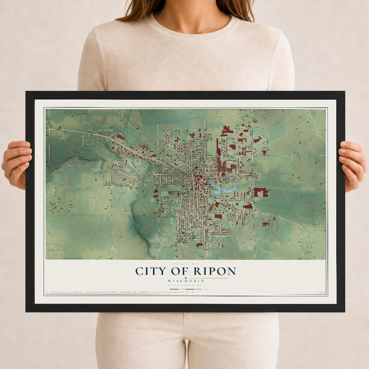 Map of Ripon, Wisconsin, 12 x 18 inch print in a black wood frame