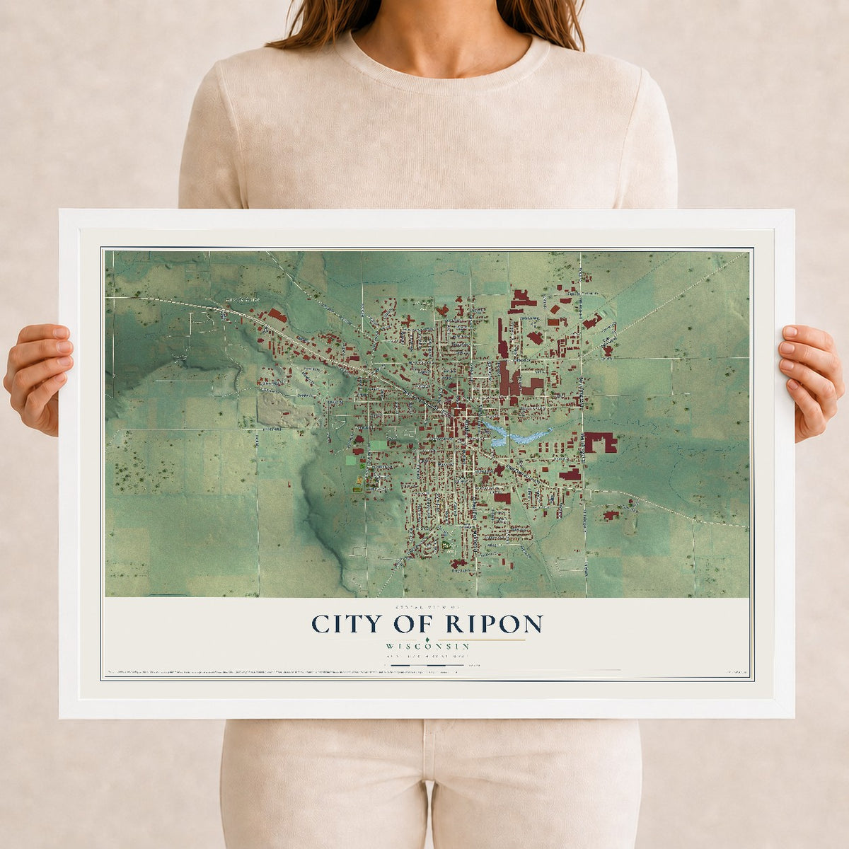 Map of Ripon, Wisconsin, 12 x 18 inch print in a white wood frame