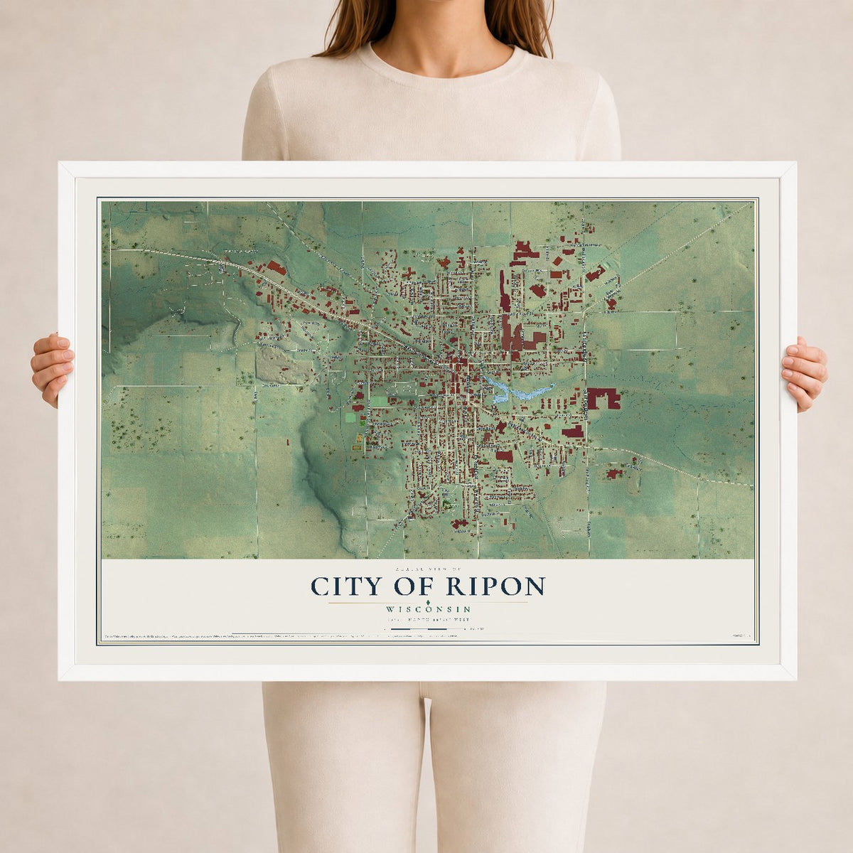 Map of Ripon, Wisconsin, 24 x 36 inch print in a white wood frame