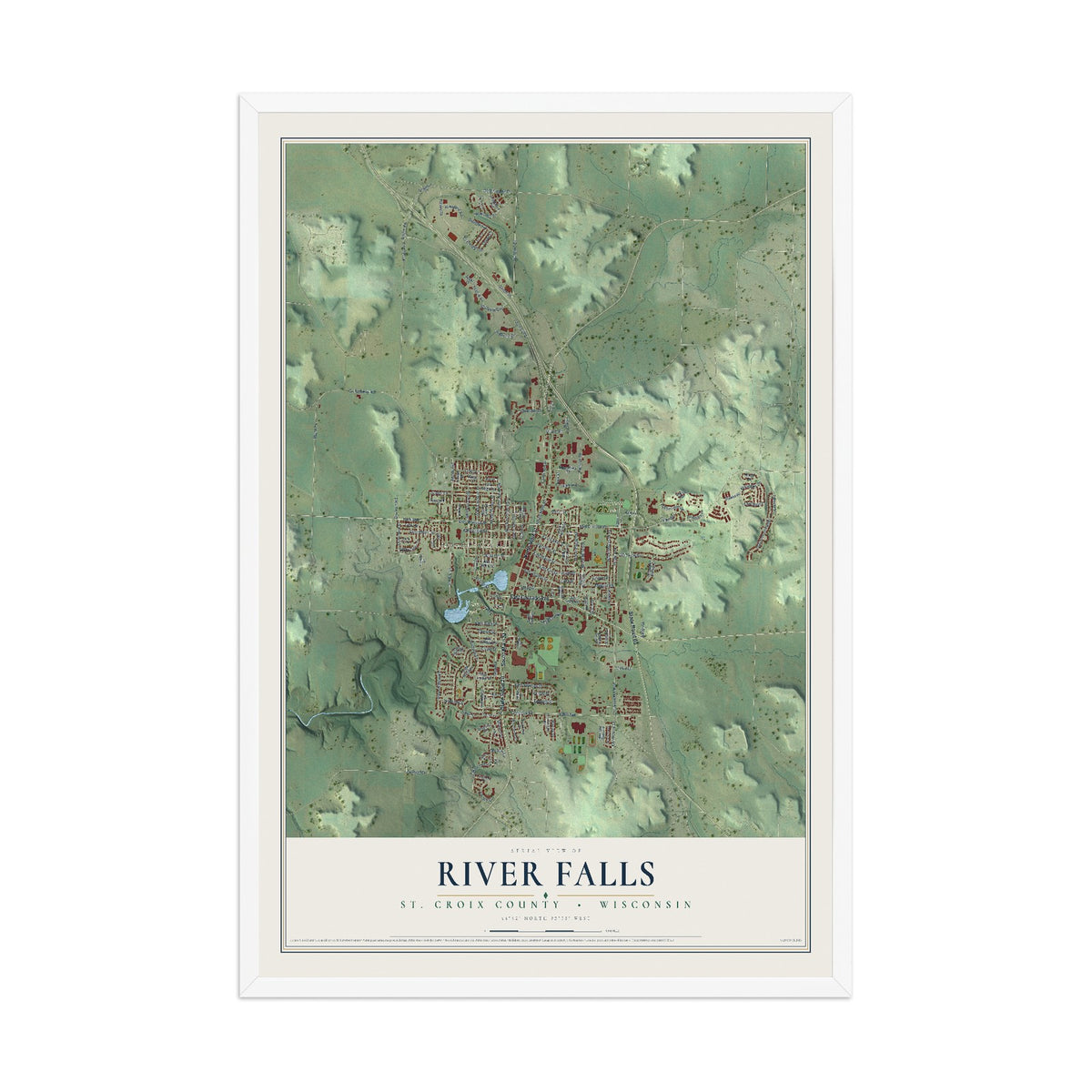 Map of River Falls, St. Croix County, Wisconsin, 12 x 18 inch print in a white wood frame