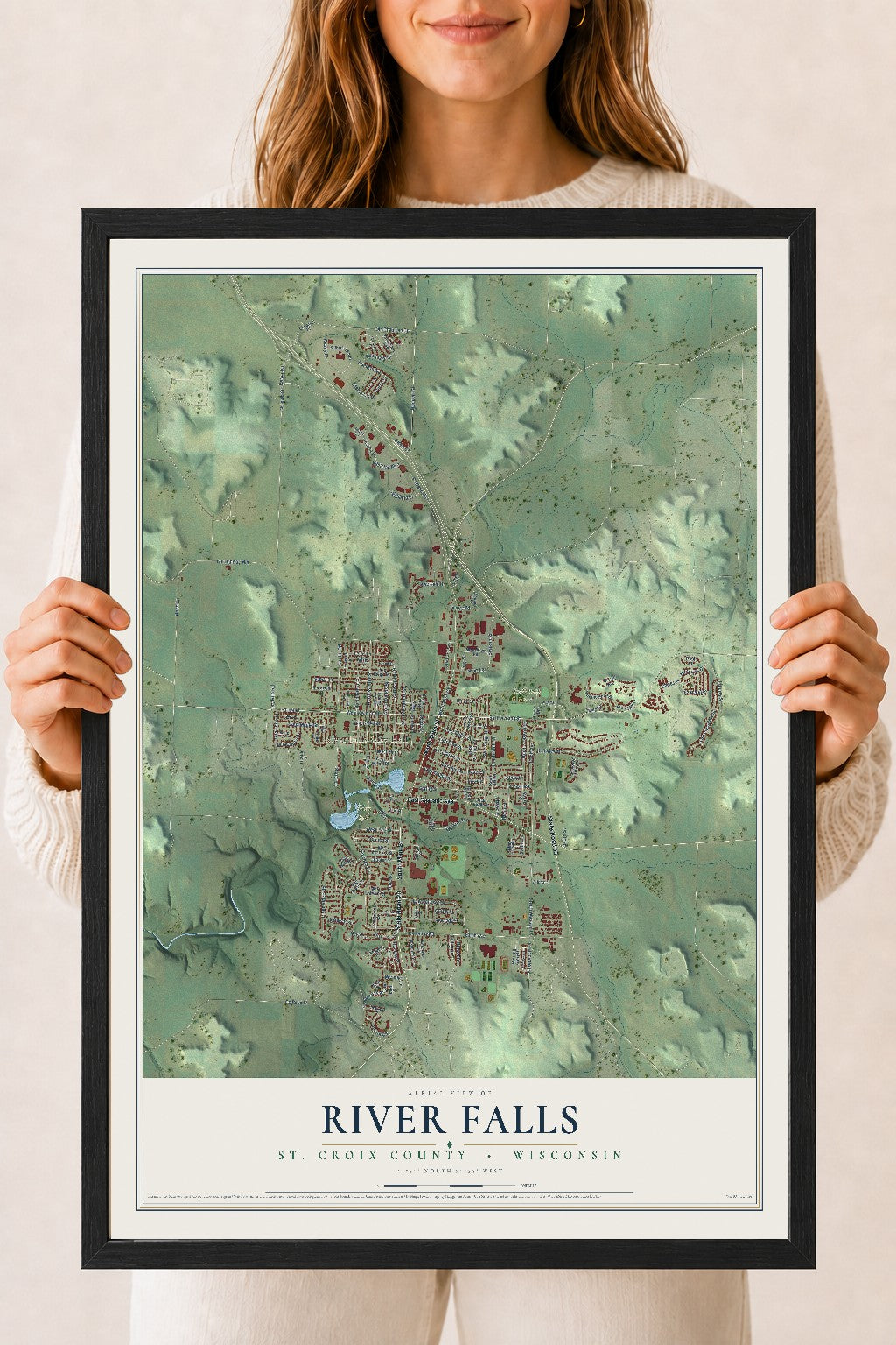 Map of River Falls, St. Croix County, Wisconsin, 18 x 24 inch print in a black wood frame
