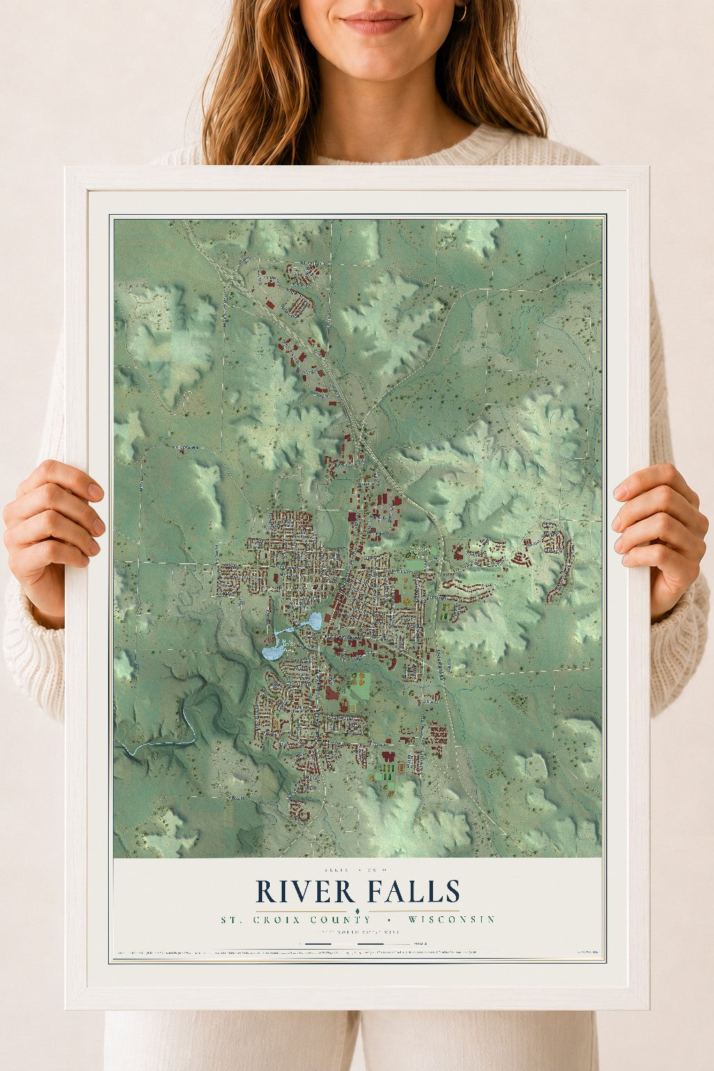 Map of River Falls, St. Croix County, Wisconsin, 18 x 24 inch print in a white wood frame