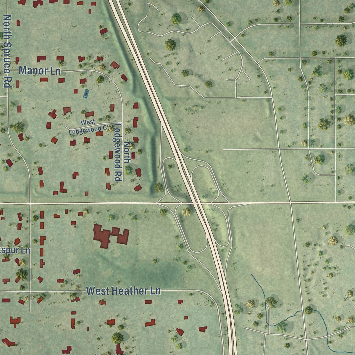 Second close-up of the map of River Hills, Wisconsin print showing more streets and buildings