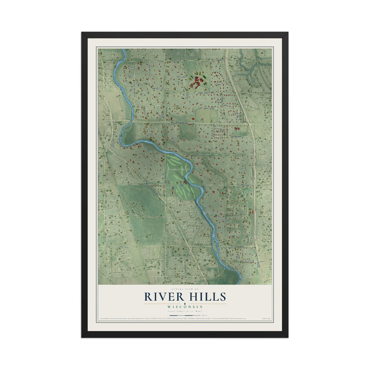 Map of River Hills, Wisconsin, 12 x 18 inch print in a black wood frame