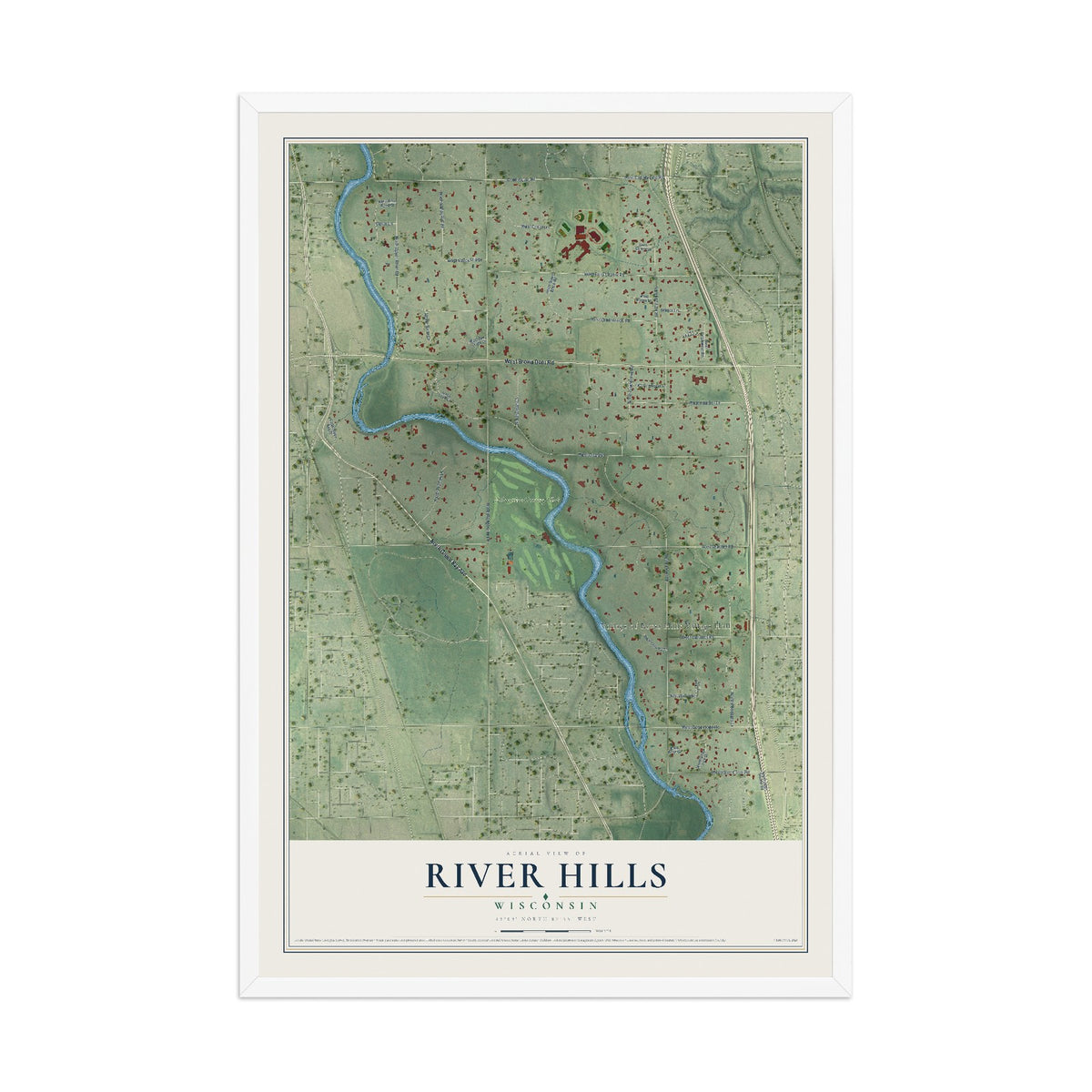 Map of River Hills, Wisconsin, 12 x 18 inch print in a white wood frame