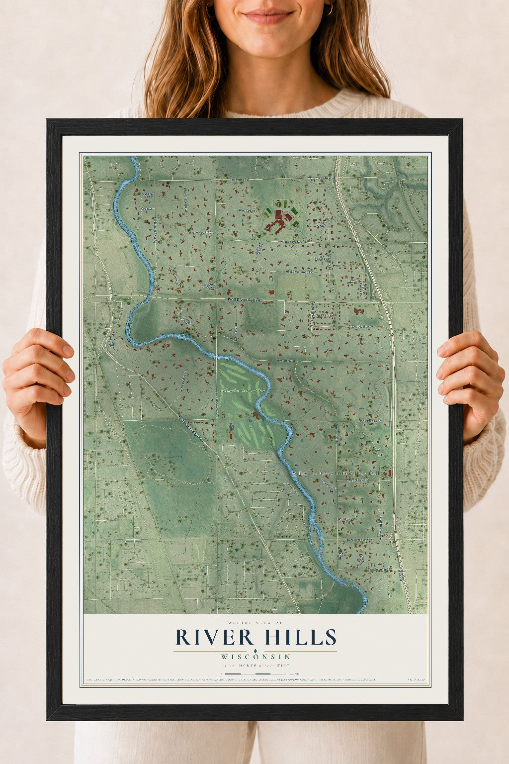 Map of River Hills, Wisconsin, 18 x 24 inch print in a black wood frame