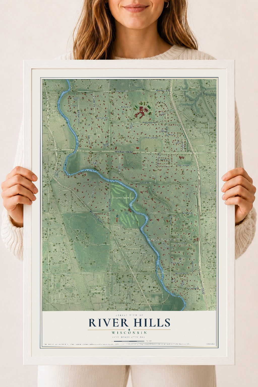 Map of River Hills, Wisconsin, 18 x 24 inch print in a white wood frame