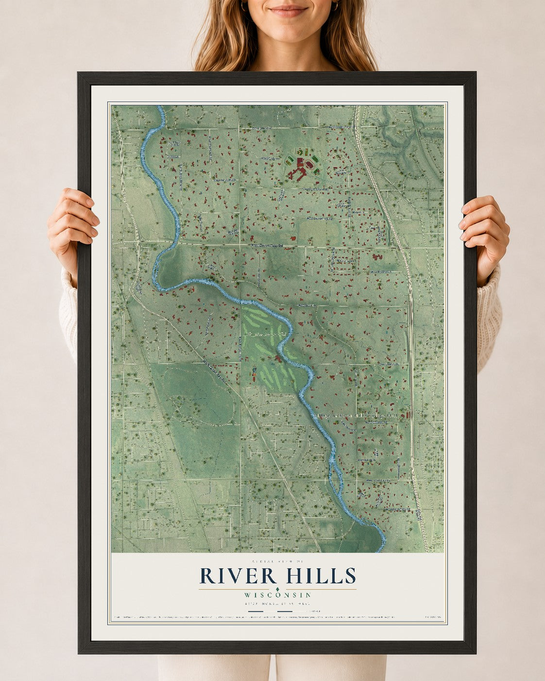Map of River Hills, Wisconsin, 24 x 36 inch print in a black wood frame