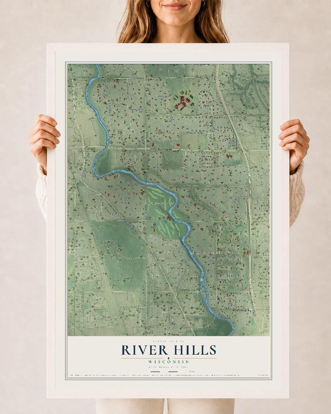 Map of River Hills, Wisconsin, 24 x 36 inch print in a white wood frame