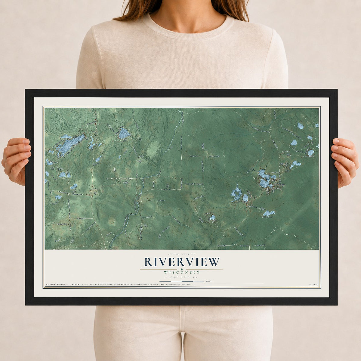 Map of Riverview, Wisconsin, 12 x 18 inch print in a black wood frame
