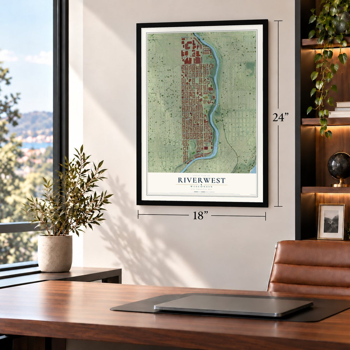 Riverwest, Wisconsin map, 18 x 24 inch print in a black frame in a home office