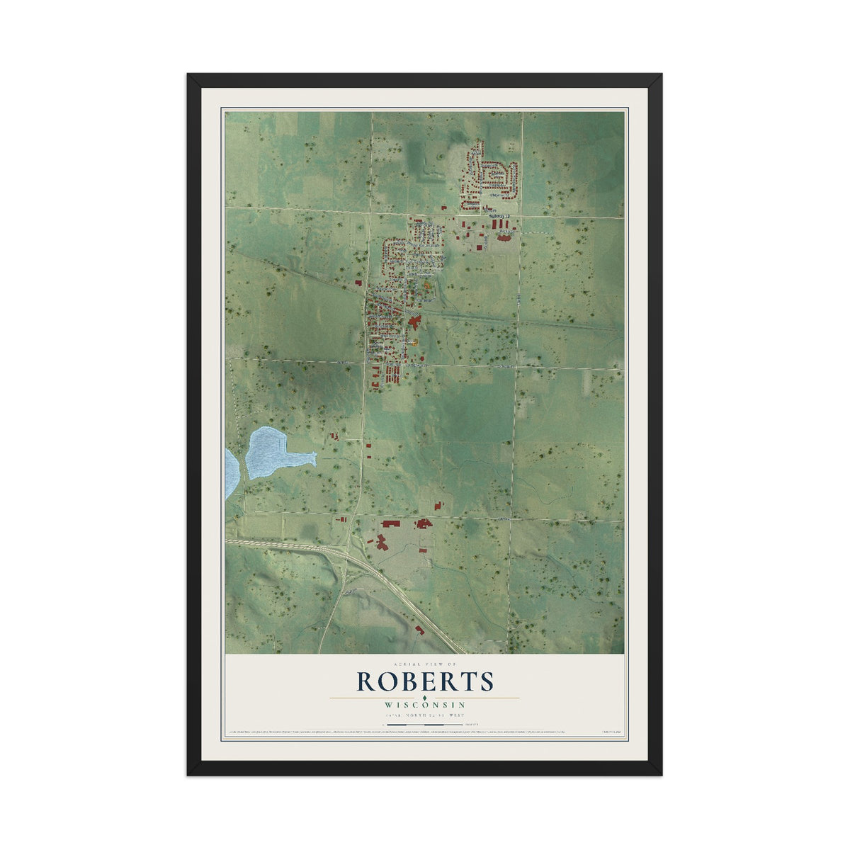 Map of Roberts, Wisconsin, 12 x 18 inch print in a black wood frame