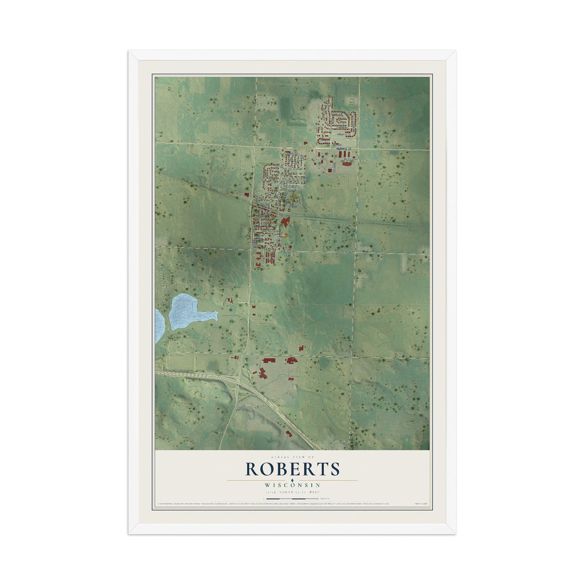 Map of Roberts, Wisconsin, 12 x 18 inch print in a white wood frame