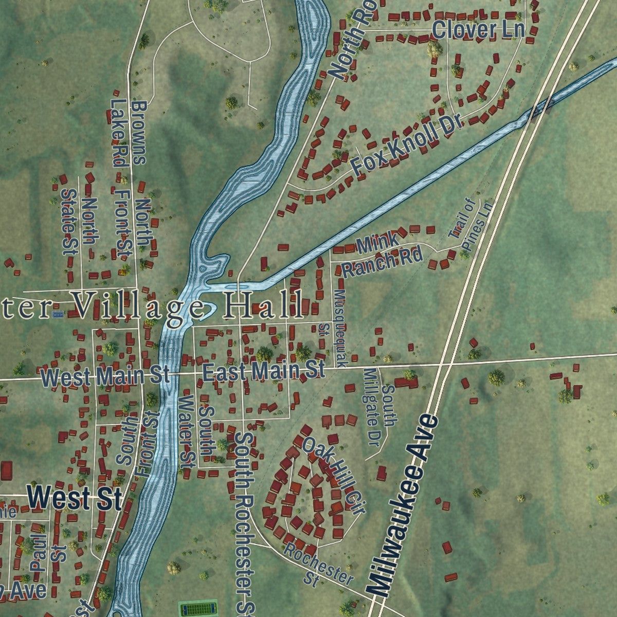 Close-up of the map of Rochester, Wisconsin print showing street and building detail
