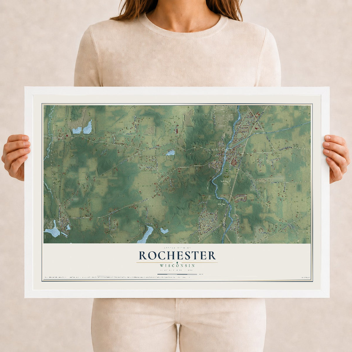 Map of Rochester, Wisconsin, 12 x 18 inch print in a white wood frame