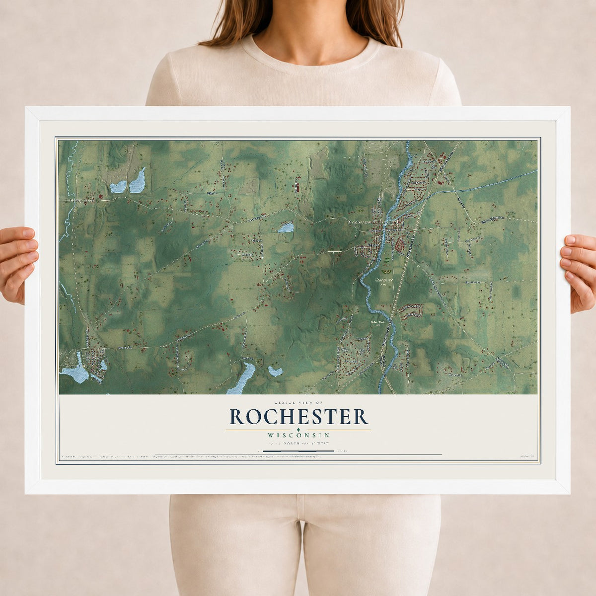 Map of Rochester, Wisconsin, 18 x 24 inch print in a white wood frame