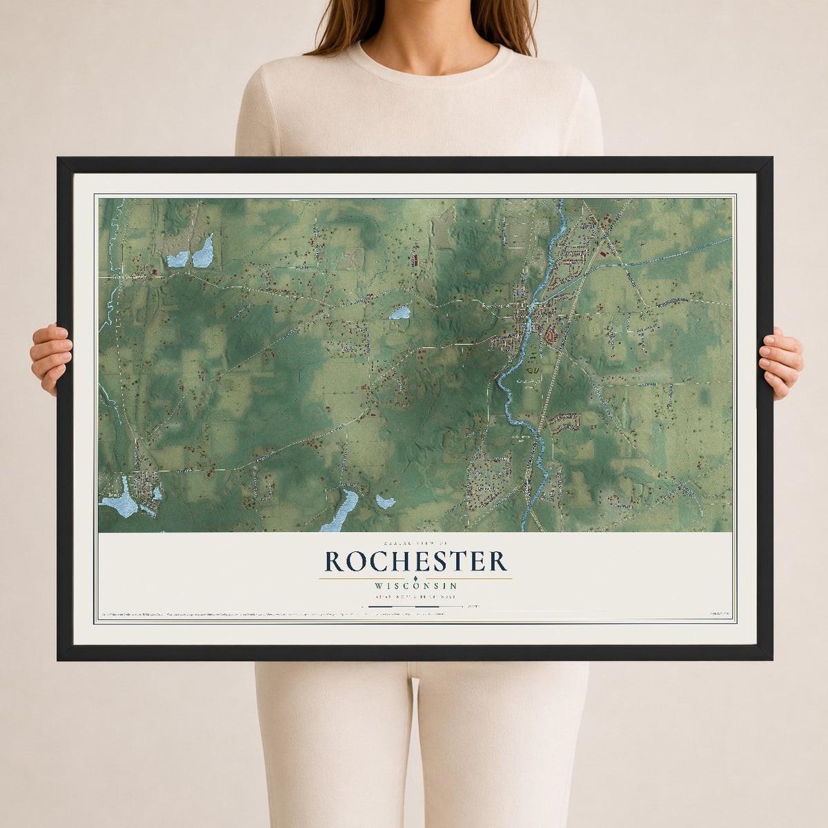 Map of Rochester, Wisconsin, 24 x 36 inch print in a black wood frame