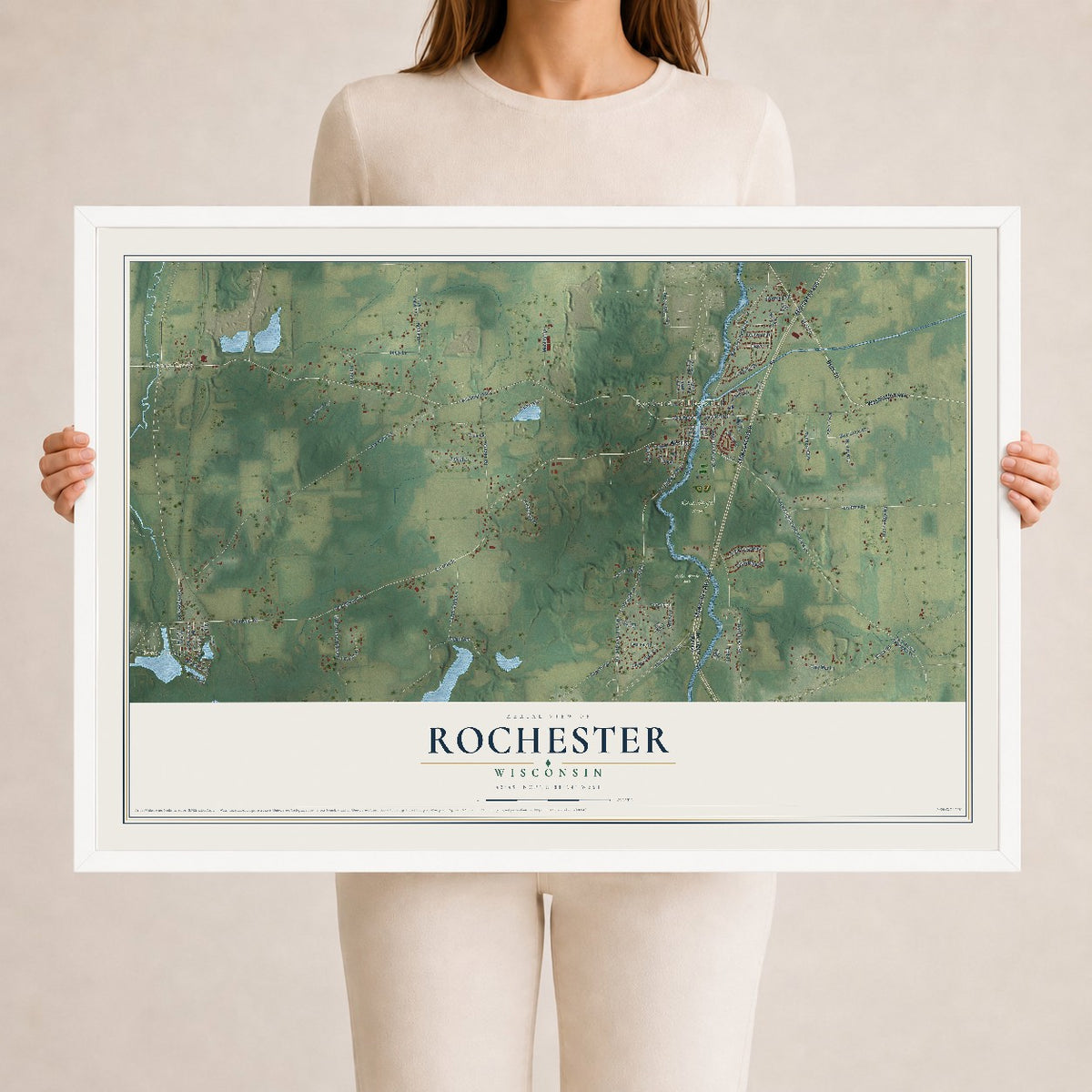 Map of Rochester, Wisconsin, 24 x 36 inch print in a white wood frame
