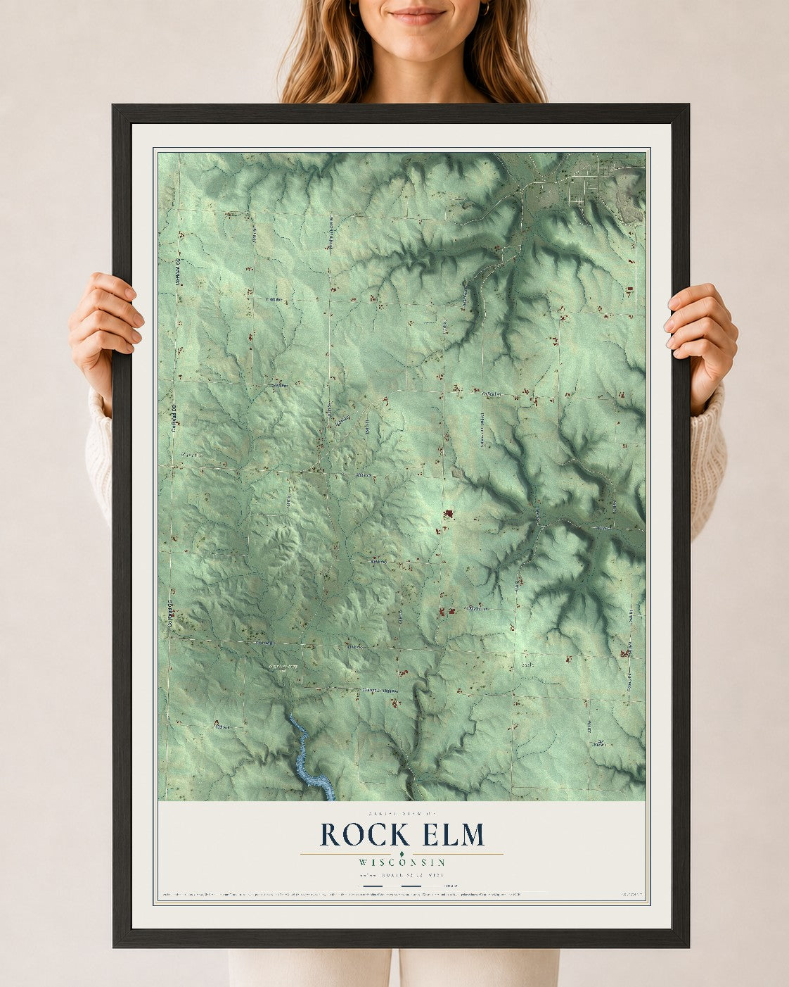Map of Rock Elm, Wisconsin, 24 x 36 inch print in a black wood frame