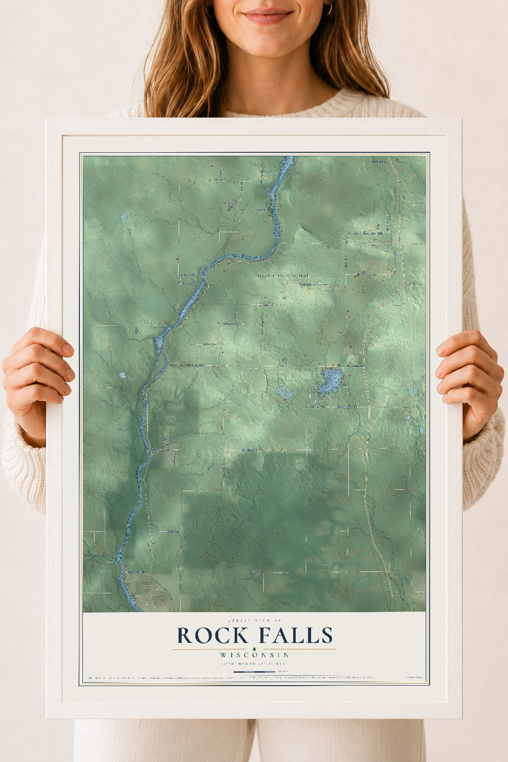 Map of Rock Falls, Wisconsin, 18 x 24 inch print in a white wood frame