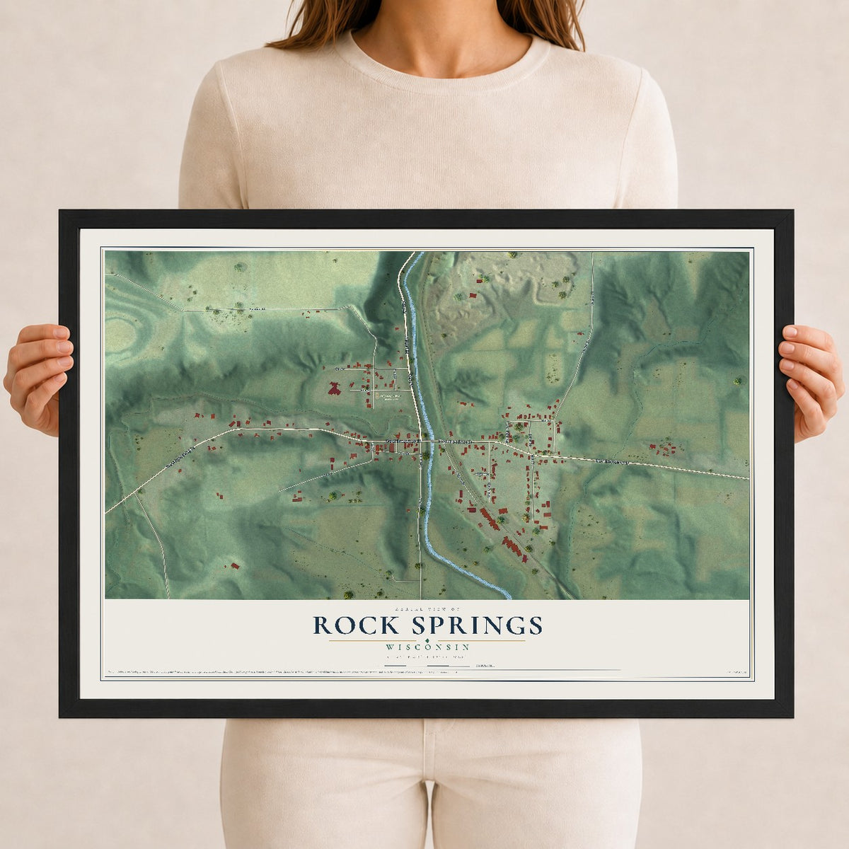 Map of Rock Springs, Wisconsin, 12 x 18 inch print in a black wood frame