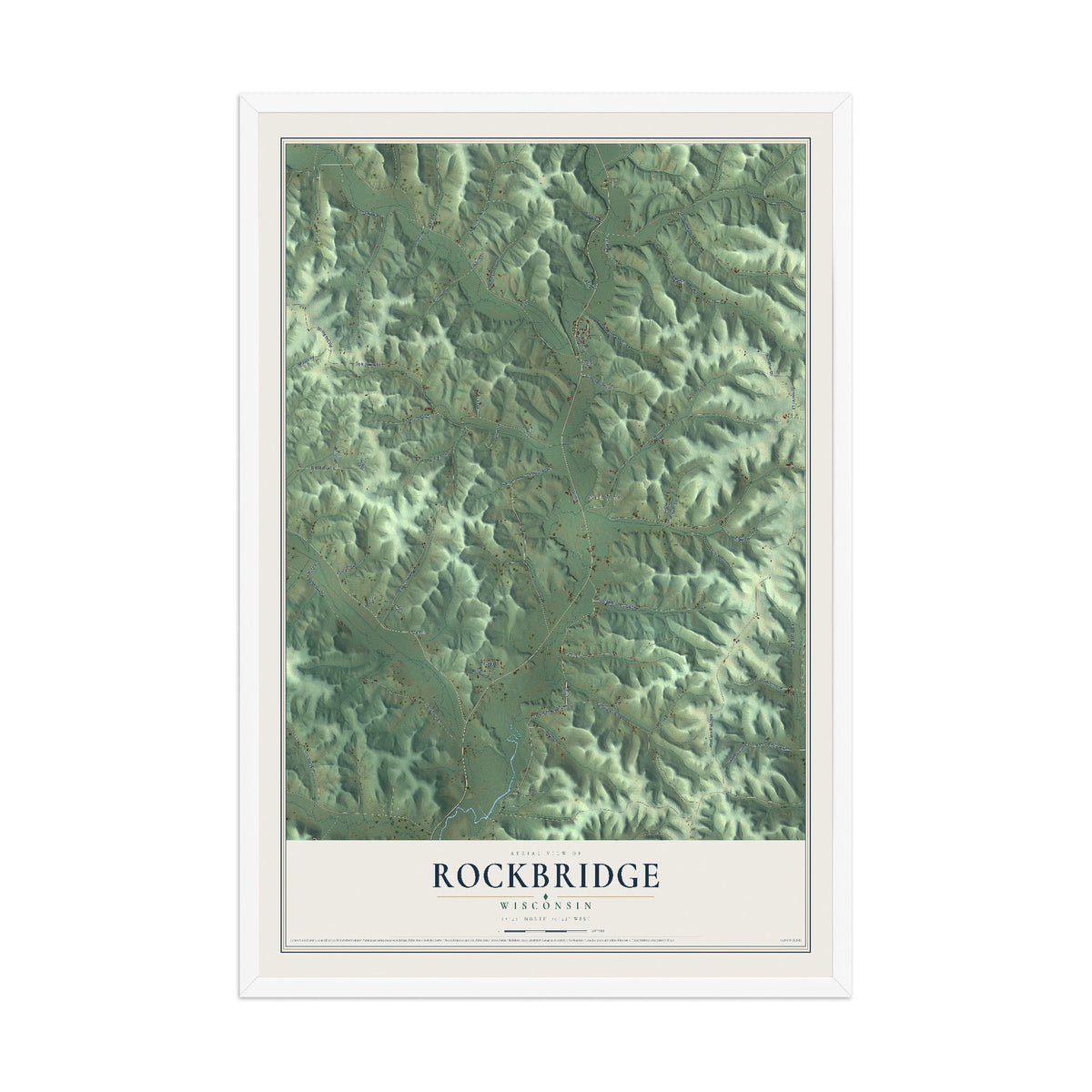 Map of Rockbridge, Wisconsin, 12 x 18 inch print in a white wood frame
