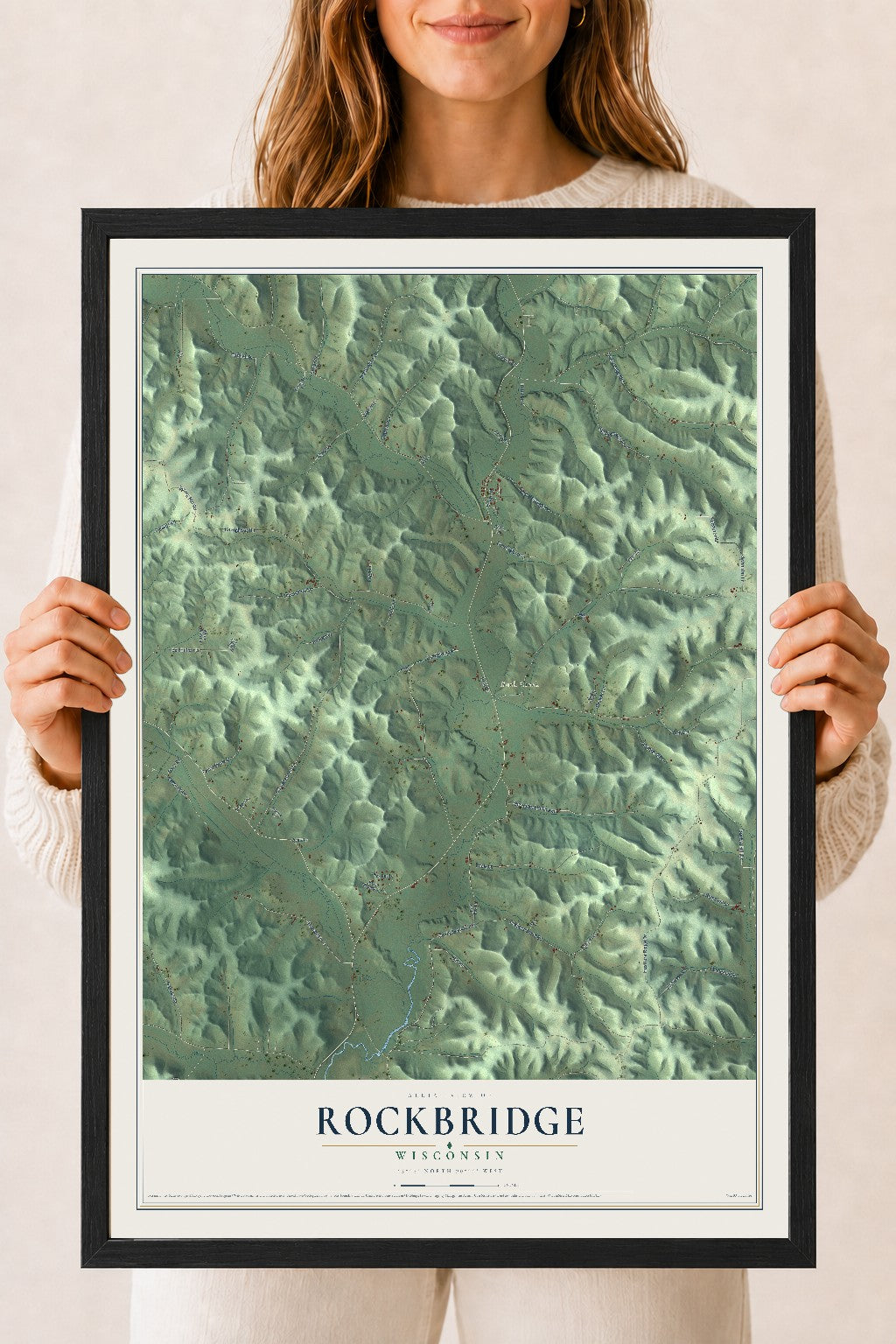 Map of Rockbridge, Wisconsin, 18 x 24 inch print in a black wood frame