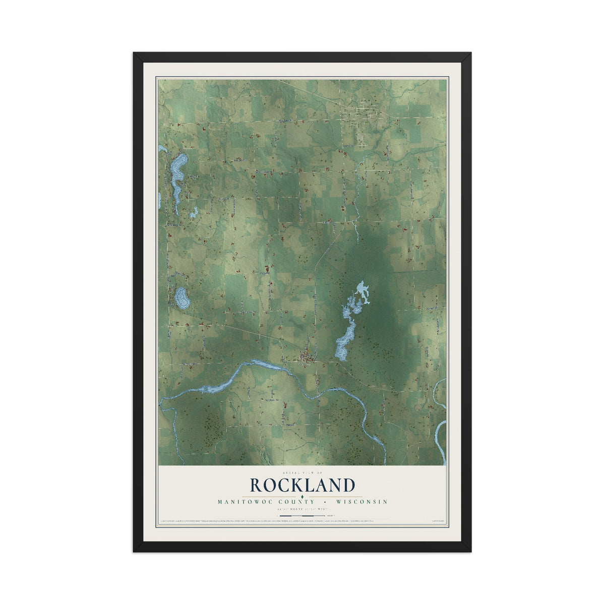 Map of Rockland, Manitowoc County, Wisconsin, 12 x 18 inch print in a black wood frame