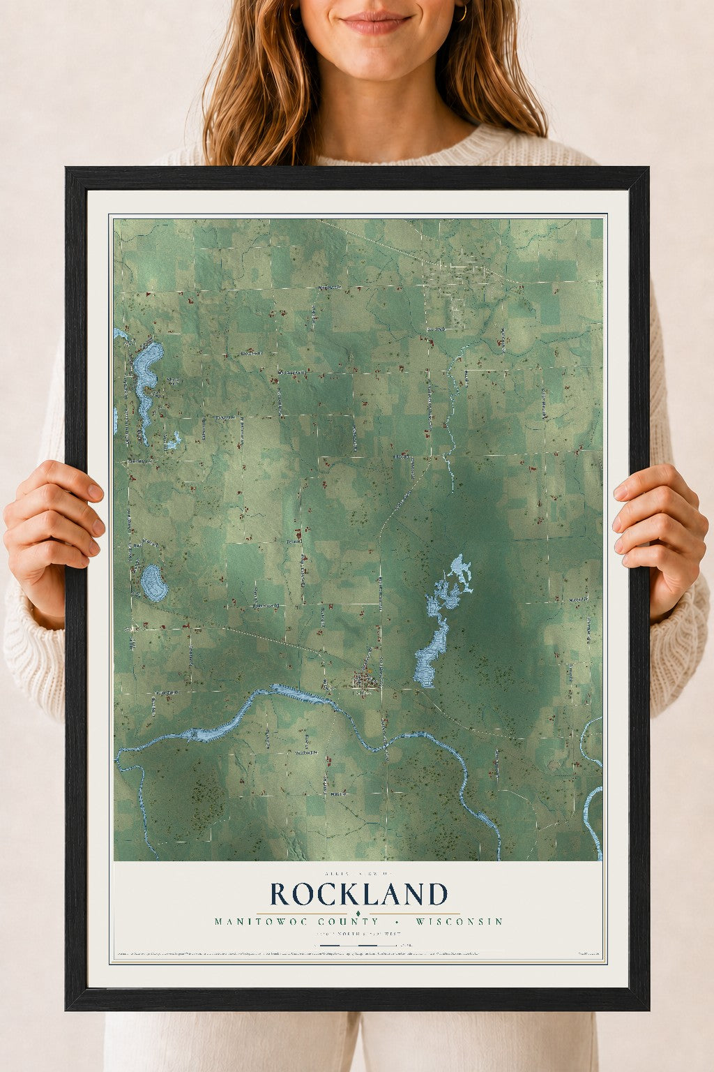 Map of Rockland, Manitowoc County, Wisconsin, 18 x 24 inch print in a black wood frame