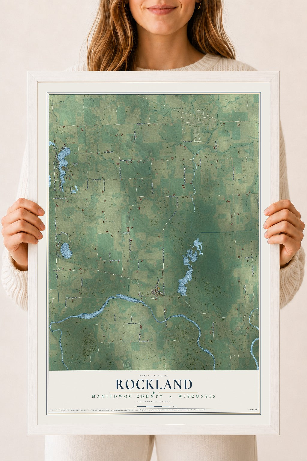 Map of Rockland, Manitowoc County, Wisconsin, 18 x 24 inch print in a white wood frame