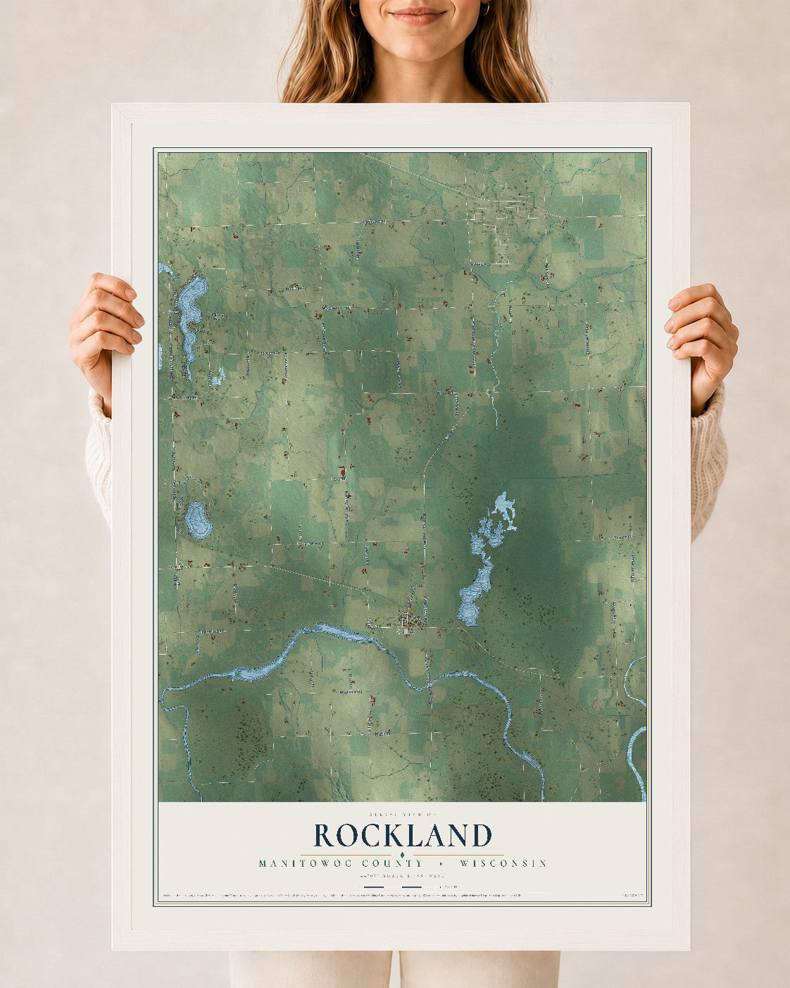 Map of Rockland, Manitowoc County, Wisconsin, 24 x 36 inch print in a white wood frame