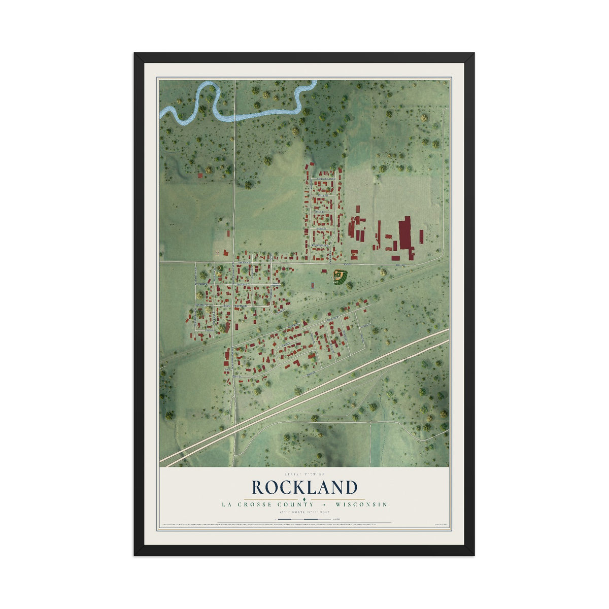 Map of Rockland, La Crosse County, Wisconsin, 12 x 18 inch print in a black wood frame