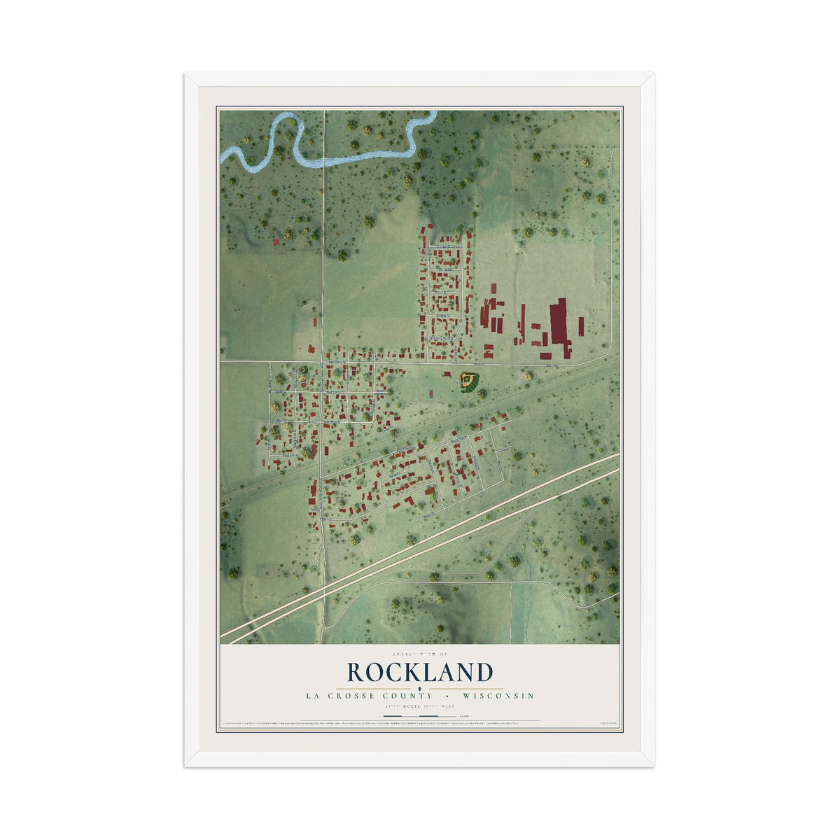 Map of Rockland, La Crosse County, Wisconsin, 12 x 18 inch print in a white wood frame