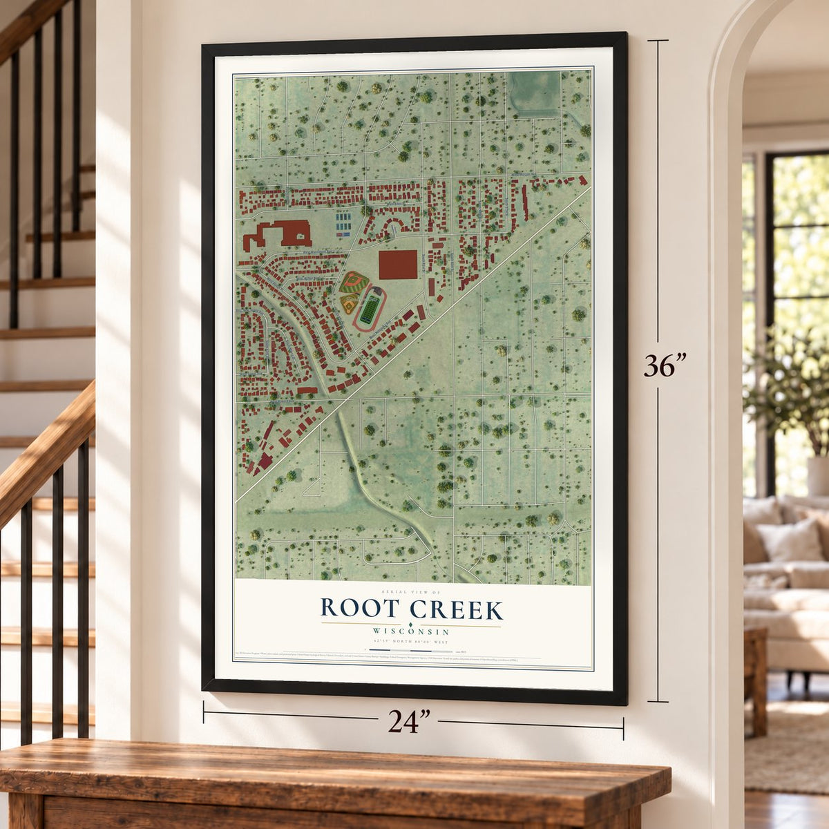 Root Creek, Wisconsin map, 24 x 36 inch print in a black frame by a staircase