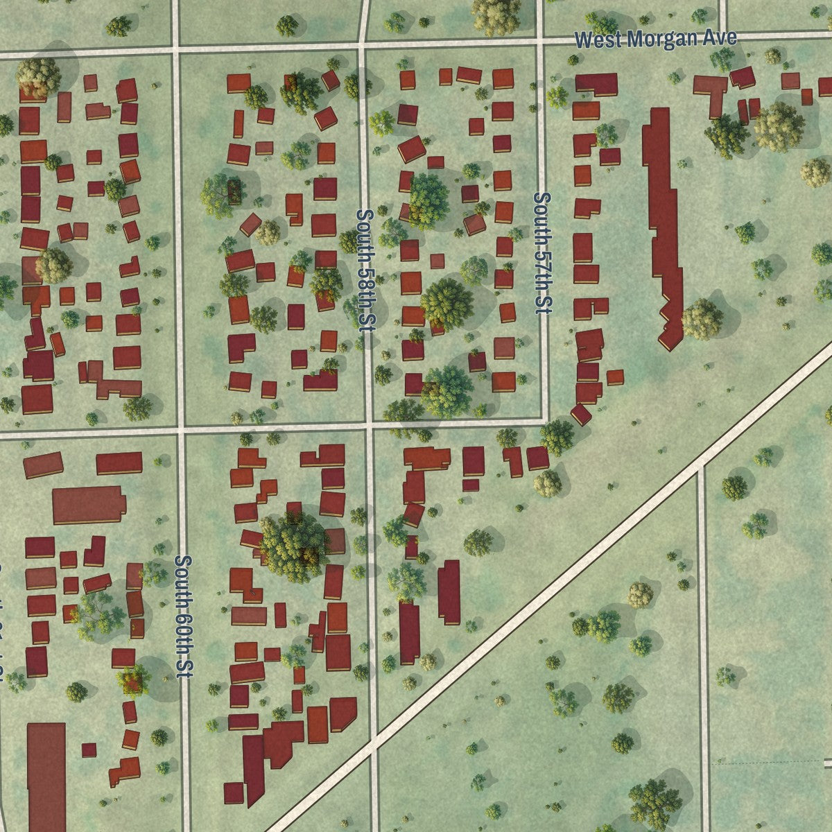 Close-up of the map of Root Creek, Wisconsin print showing street and building detail