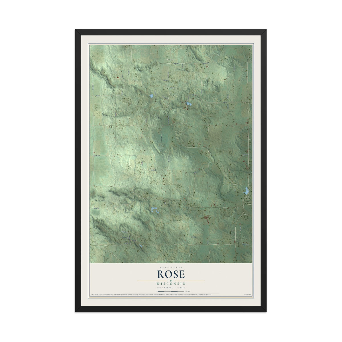 Map of Rose, Wisconsin, 12 x 18 inch print in a black wood frame