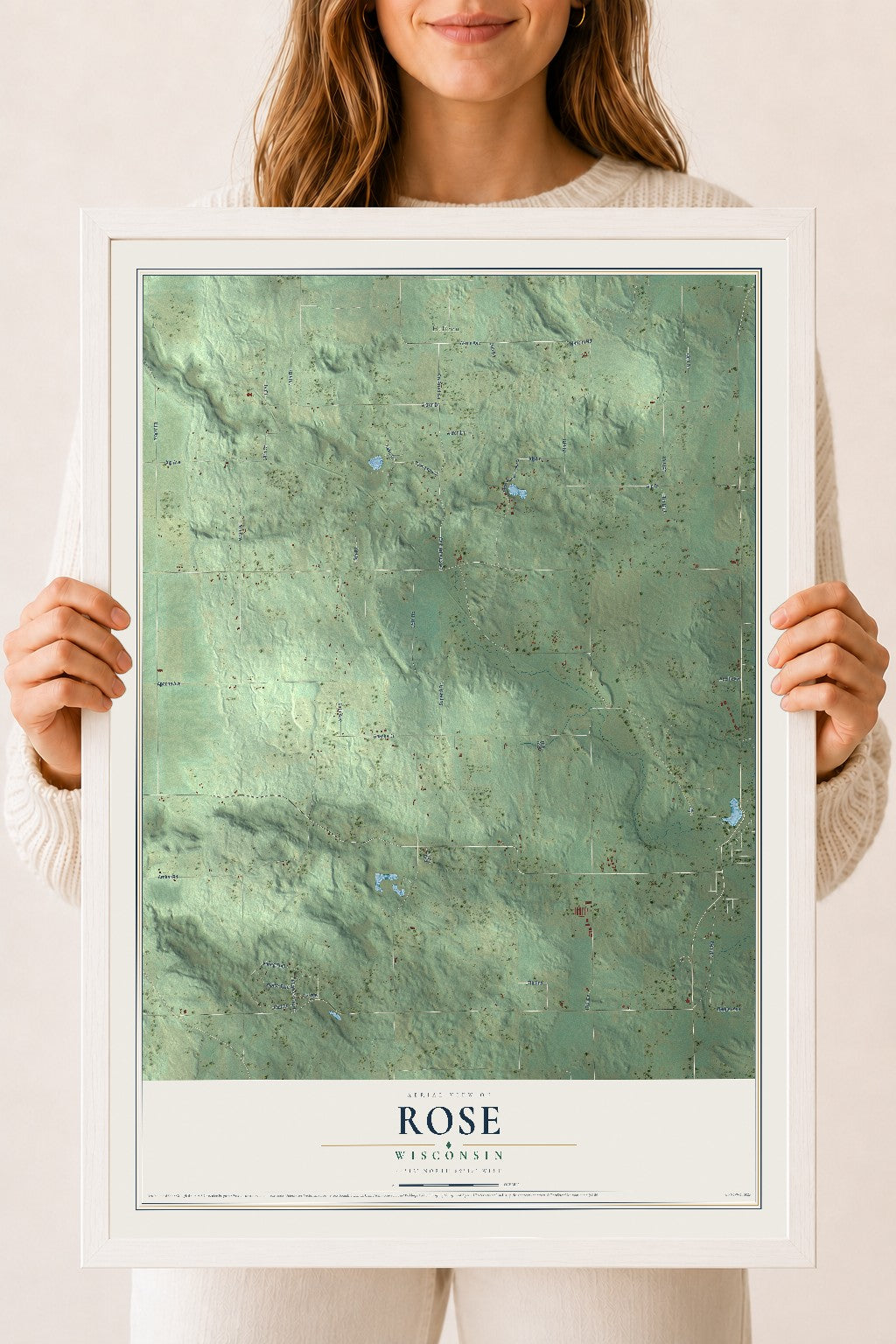 Map of Rose, Wisconsin, 18 x 24 inch print in a white wood frame