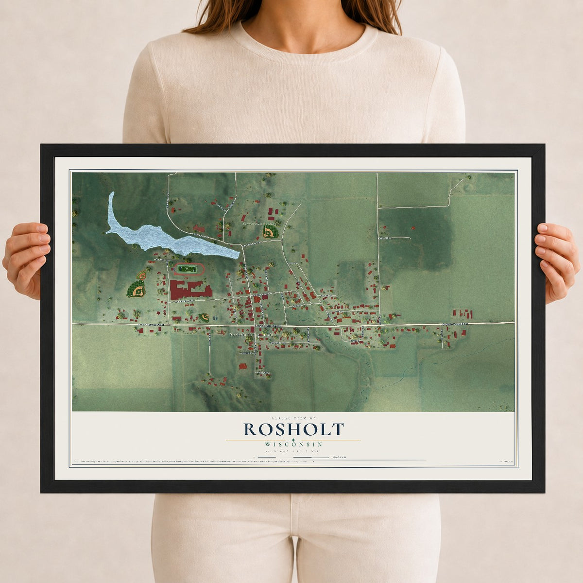 Map of Rosholt, Wisconsin, 12 x 18 inch print in a black wood frame