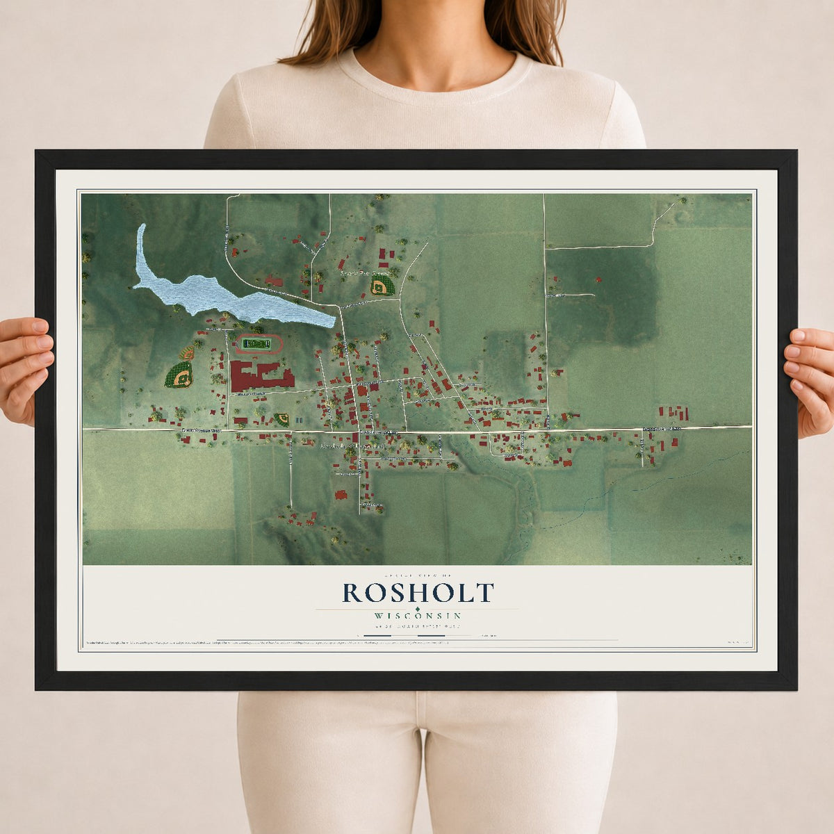 Map of Rosholt, Wisconsin, 18 x 24 inch print in a black wood frame