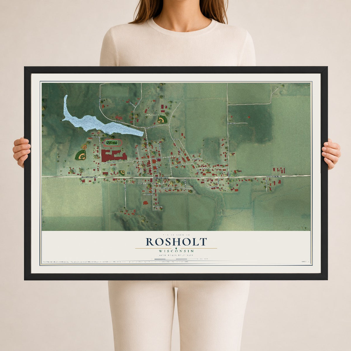 Map of Rosholt, Wisconsin, 24 x 36 inch print in a black wood frame
