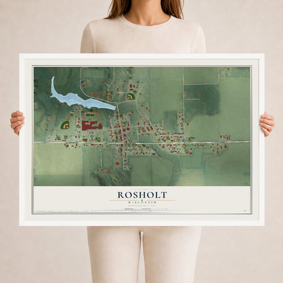 Map of Rosholt, Wisconsin, 24 x 36 inch print in a white wood frame