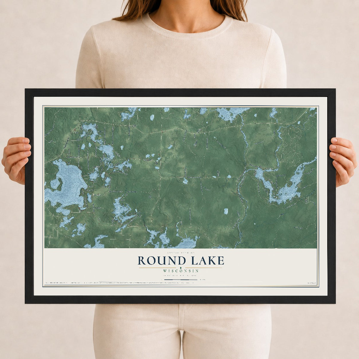 Map of Round Lake, Wisconsin, 12 x 18 inch print in a black wood frame
