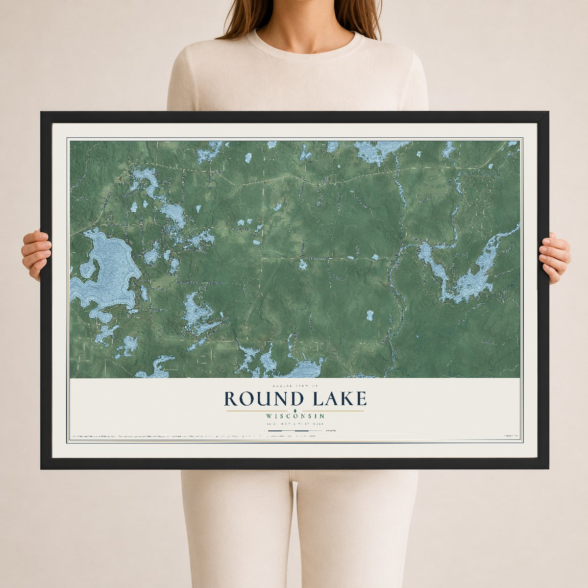 Map of Round Lake, Wisconsin, 24 x 36 inch print in a black wood frame