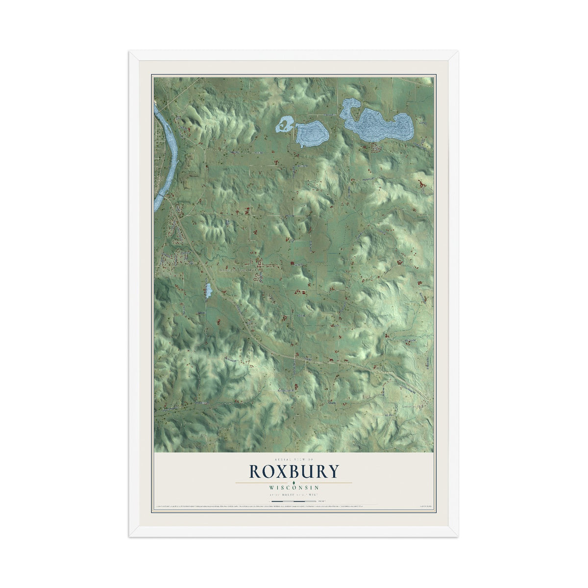 Map of Roxbury, Wisconsin, 12 x 18 inch print in a white wood frame