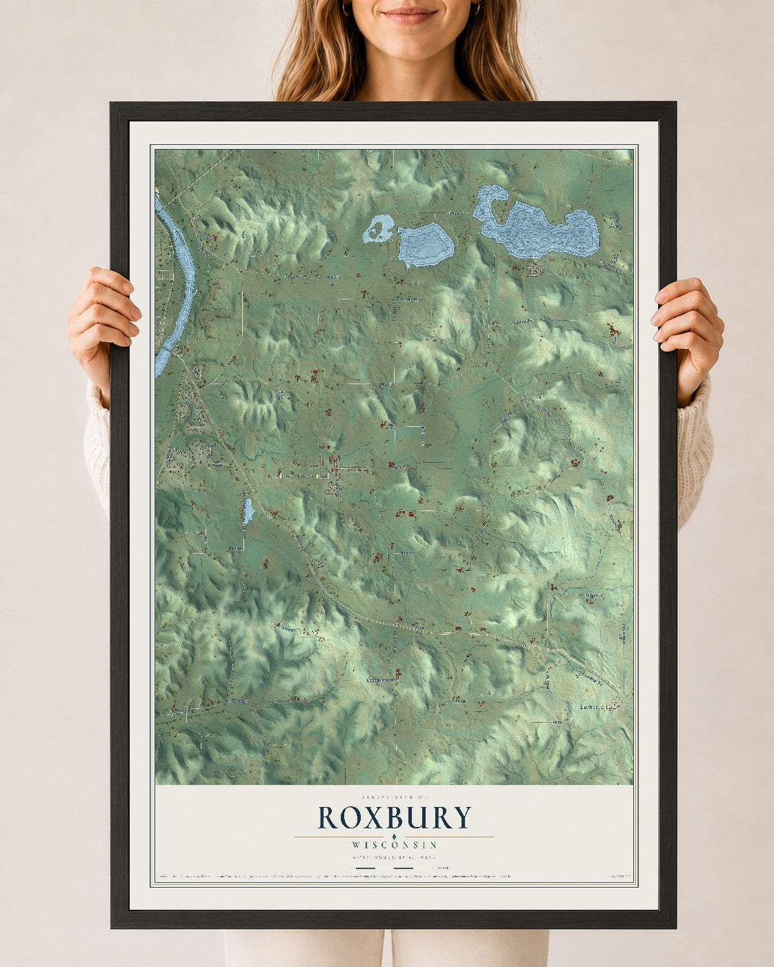 Map of Roxbury, Wisconsin, 24 x 36 inch print in a black wood frame