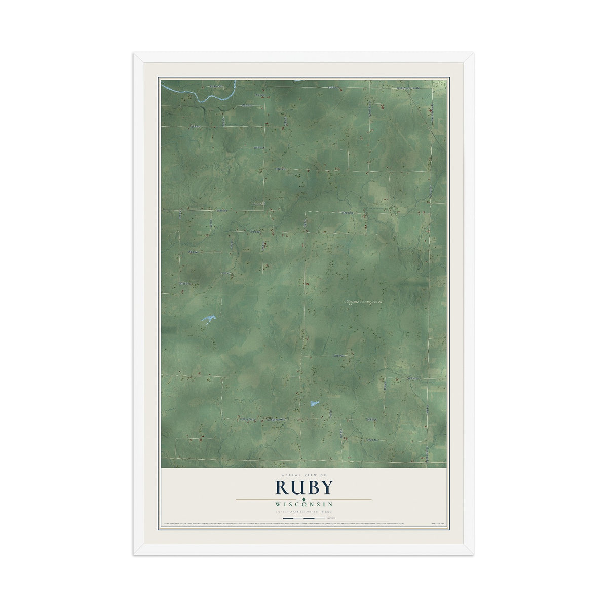 Map of Ruby, Wisconsin, 12 x 18 inch print in a white wood frame