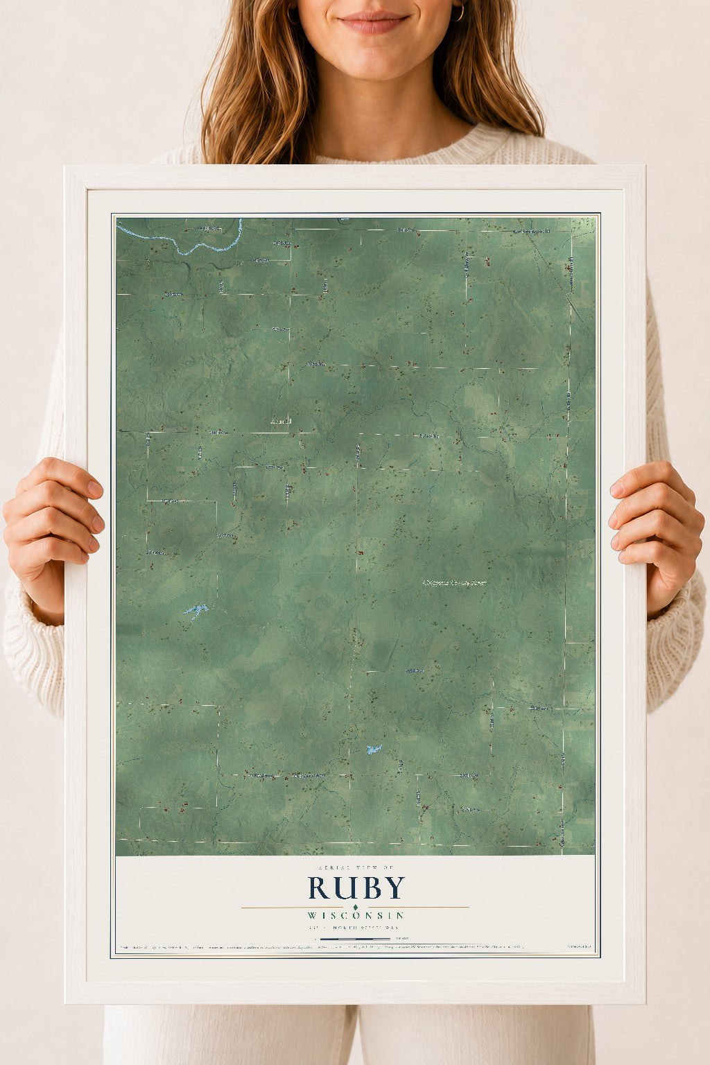 Map of Ruby, Wisconsin, 18 x 24 inch print in a white wood frame