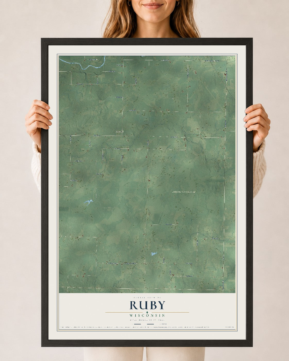 Map of Ruby, Wisconsin, 24 x 36 inch print in a black wood frame