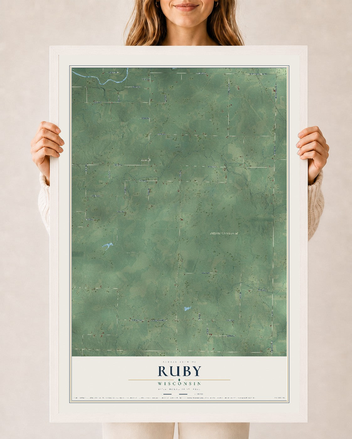 Map of Ruby, Wisconsin, 24 x 36 inch print in a white wood frame