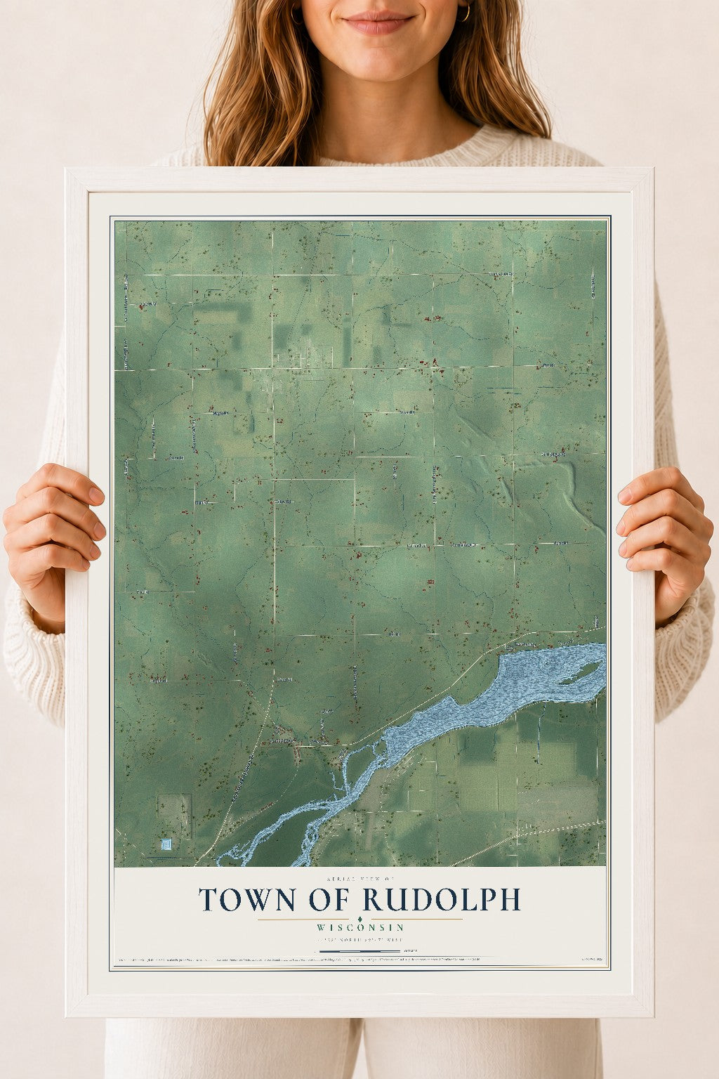 Map of the Town of Rudolph, Wisconsin, 18 x 24 inch print in a white wood frame